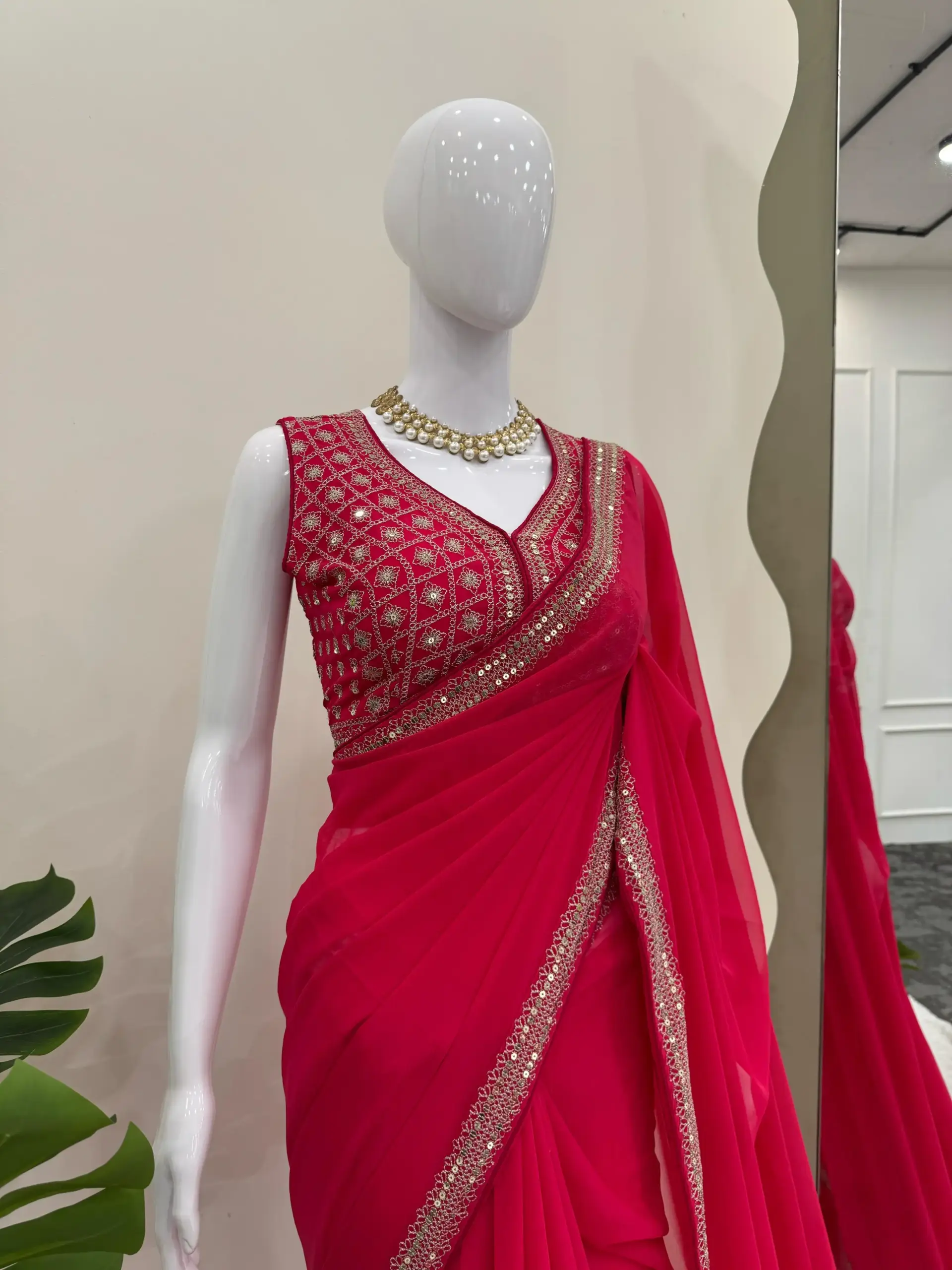 Elegant Red Faux Georgette with Thread & Sequence work Saree Collection - Image 2