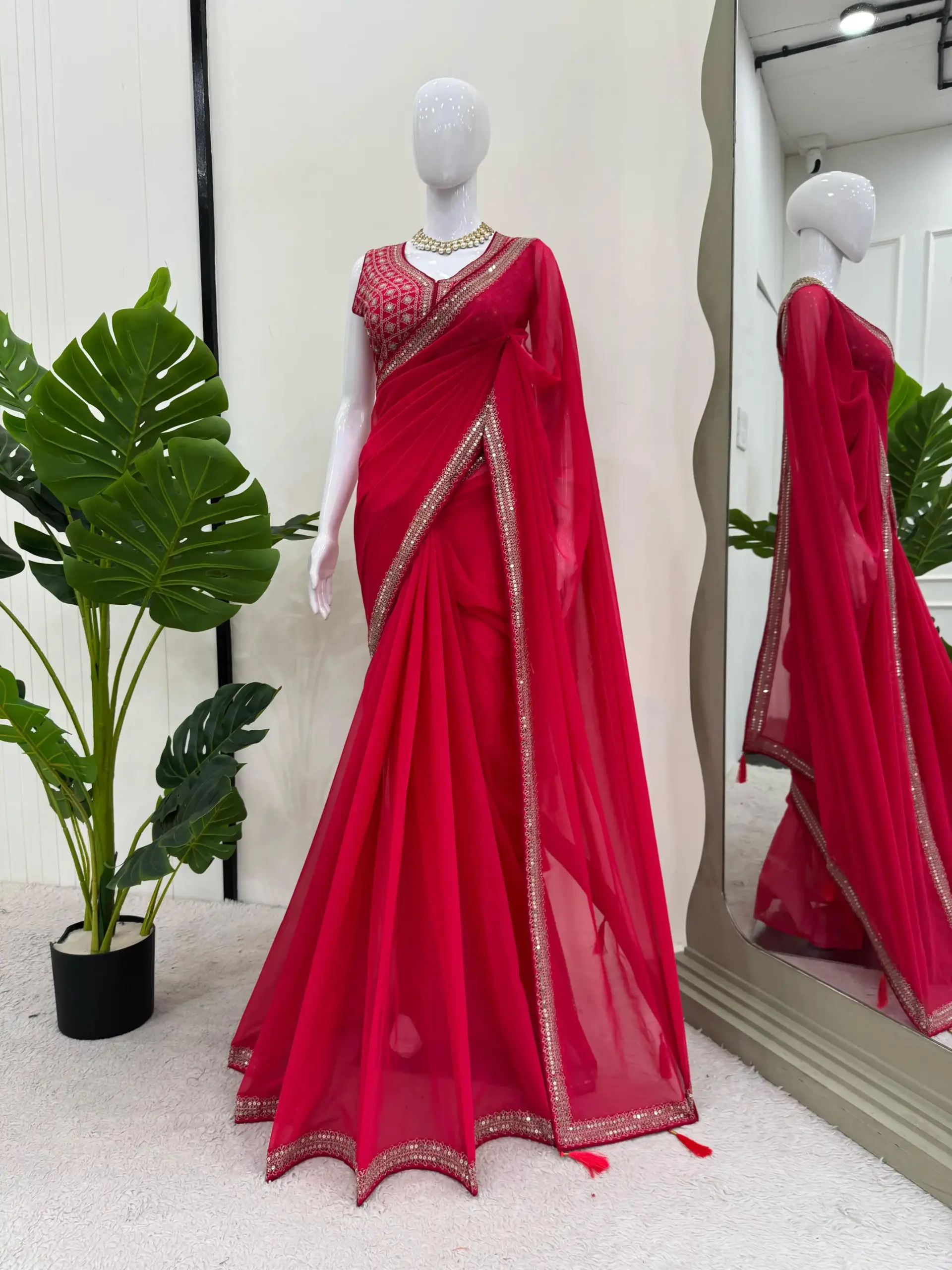 Elegant Red Faux Georgette with Thread & Sequence work Saree.