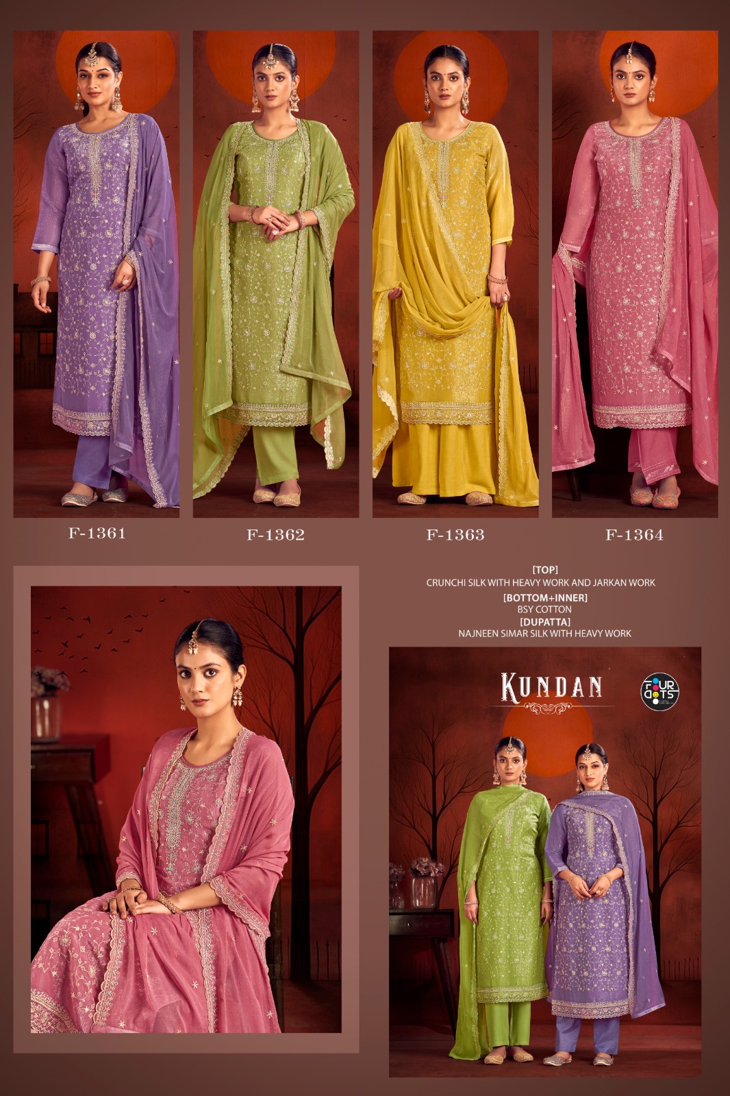 Four Dots Kundan Crunchi Silk With Jarkan Work Wholesale Designer Salwar Suit Catalog - Image 5