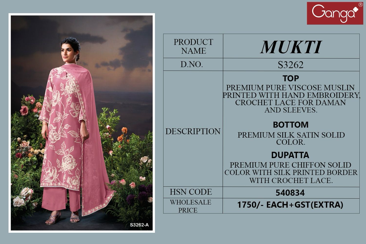 Ganga MUKTI 3262 Premium Viscose Muslin Wholesale Salwar Suit Catalog - Image 5
