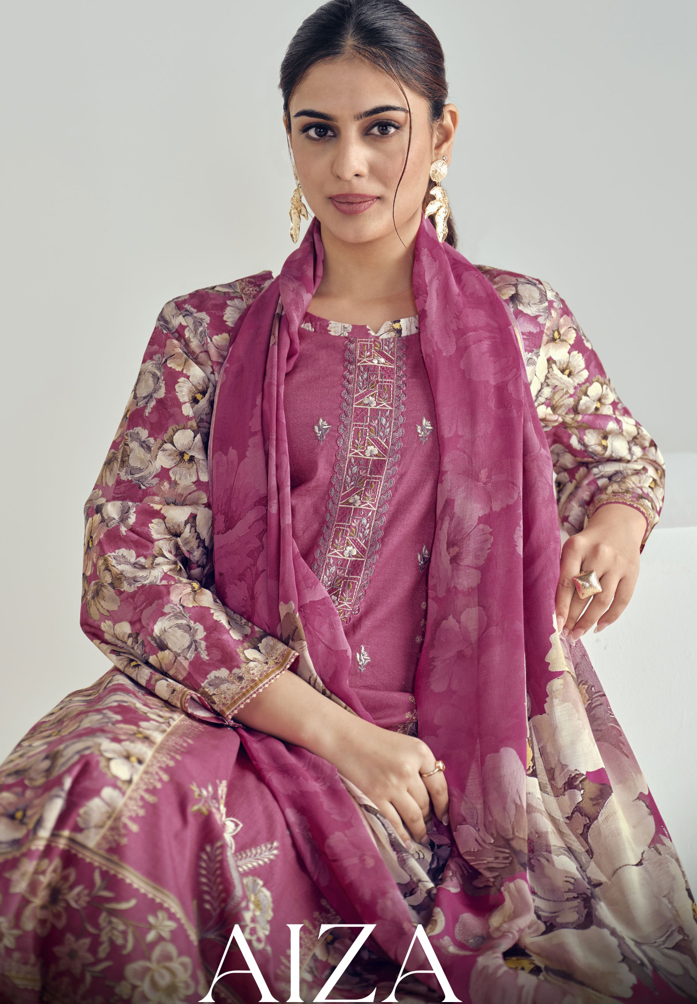 Glossy Aiza Premium Cotton Embroidered Suit with Muslin Dupatta