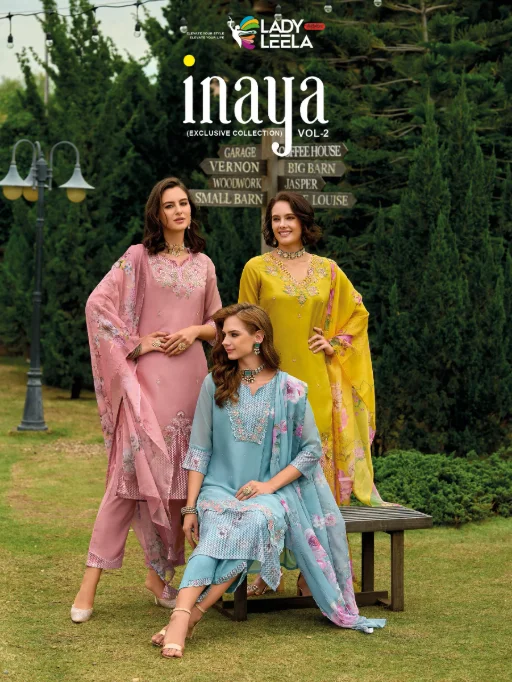 Lady Leela Inaya 2 Organza Kurti With Pant Dupatta Wholesale Catalog.organza fabric, embroidery, handwork, digital print dupatta, and viscose silk pants. Available in M to 3XL.