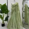 Pastel Olive Green Twill Net with Thread & Sequence Work Saree Collection