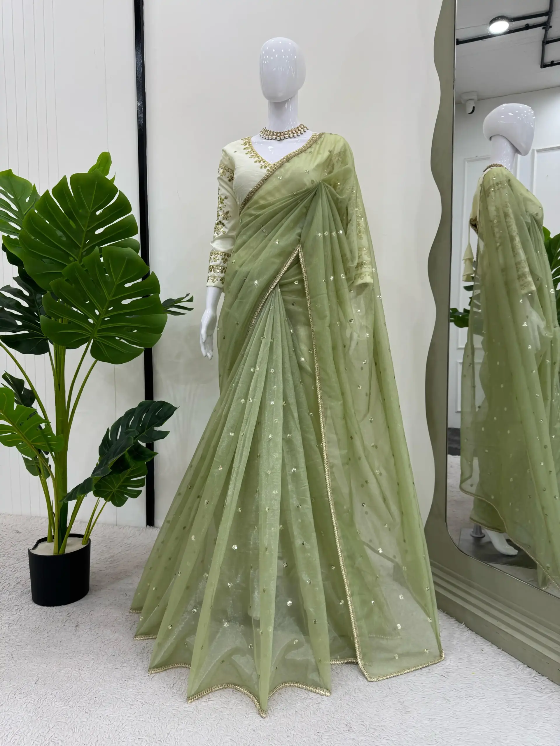 Pastel Olive Green Twill Net with Thread & Sequence Work Saree Collection