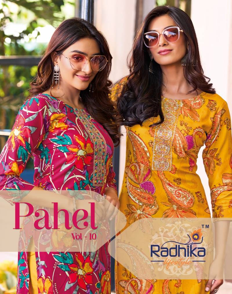 Radhika Pahel Vol 10 Rayon Printed With Work Wholesale Kurtis Collection