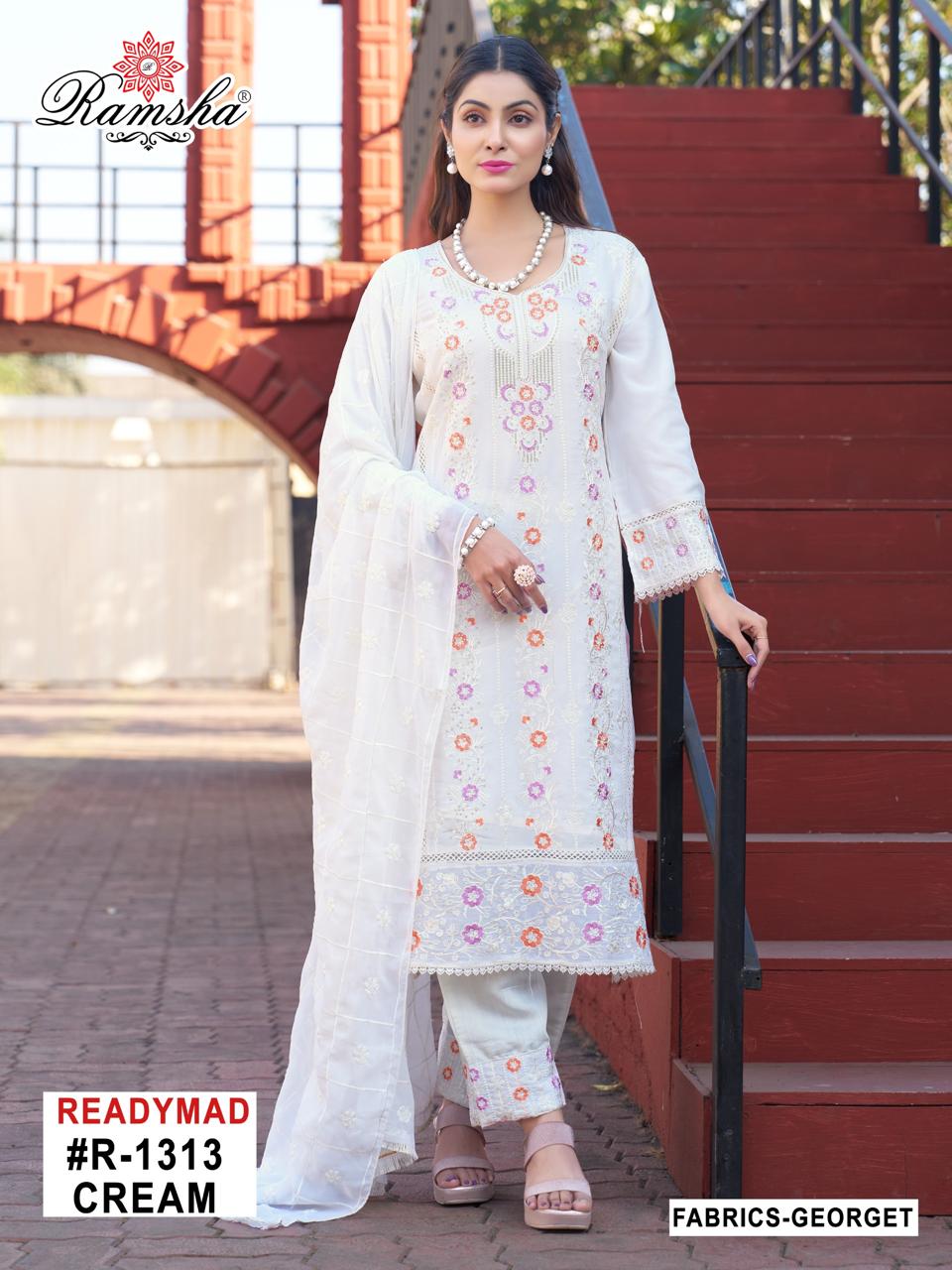 Ramsha R 1313 Cream And Black Georgette Wholesale Pakistani Readymade Eid Collection