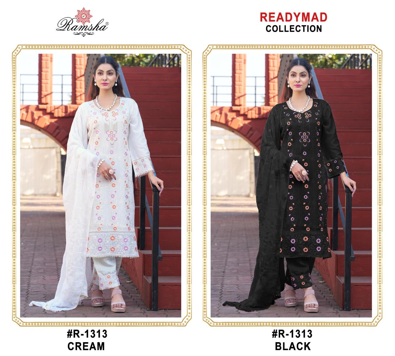 Ramsha R 1313 Cream And Black Georgette Wholesale Pakistani Readymade Eid Collection - Image 3