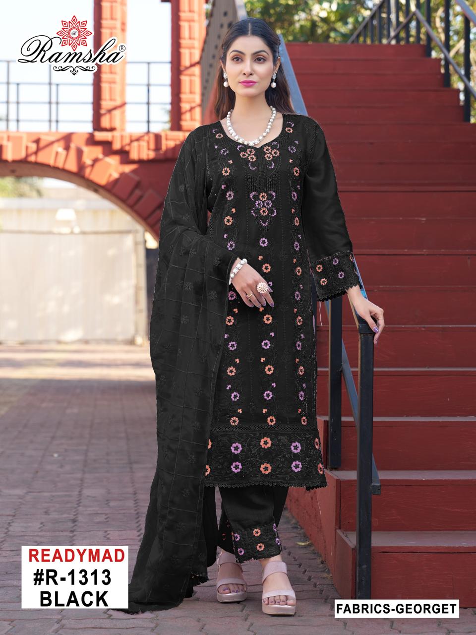 Ramsha R 1313 Cream And Black Georgette Wholesale Pakistani Readymade Eid Collection - Image 2