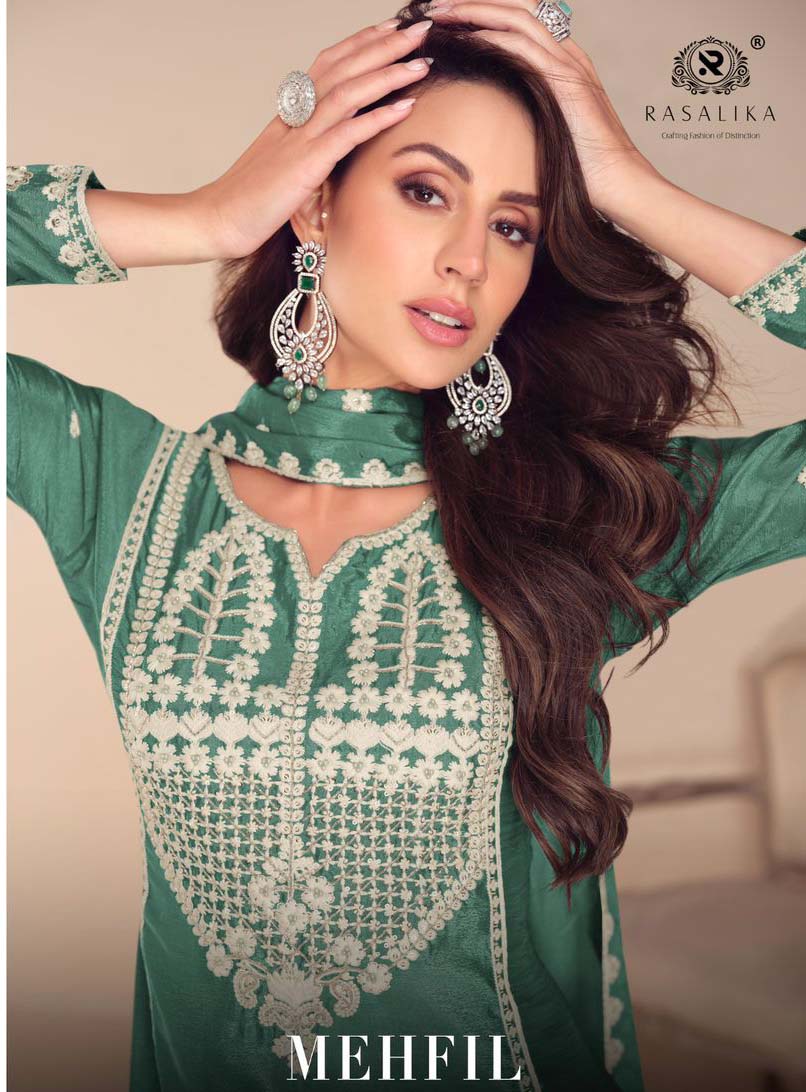 Rasalika Mehfil Real Chinnon Silk Wholesale Designer Sarara Suit Catalog