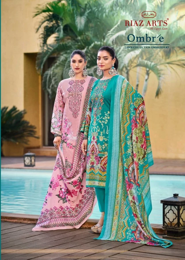 Riaz Arts Ombre Karachi Lawn Printed Wholesale Pakistani Dress Material Collection