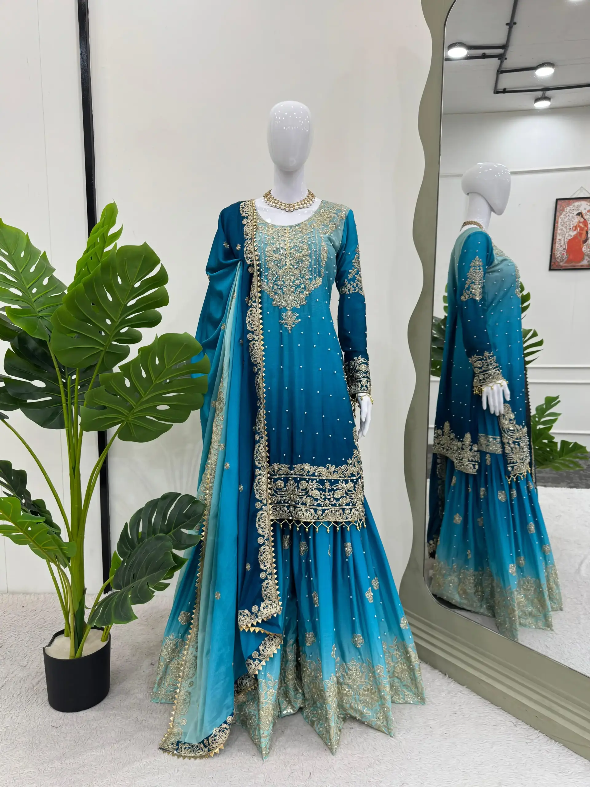Royal Blue Ombre Heavy Chinon Sharara Suit Collection