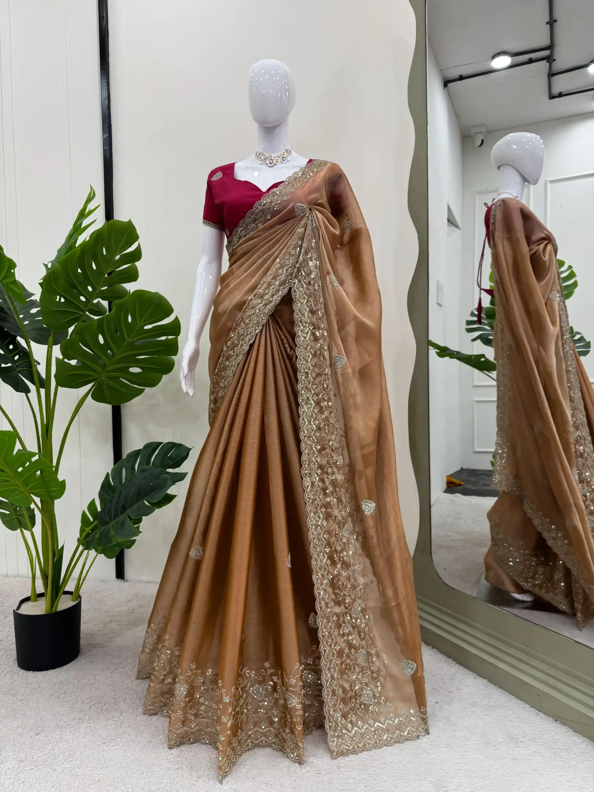 Royal Bronze Burberry Silk Saree with Thread & Sequin Work