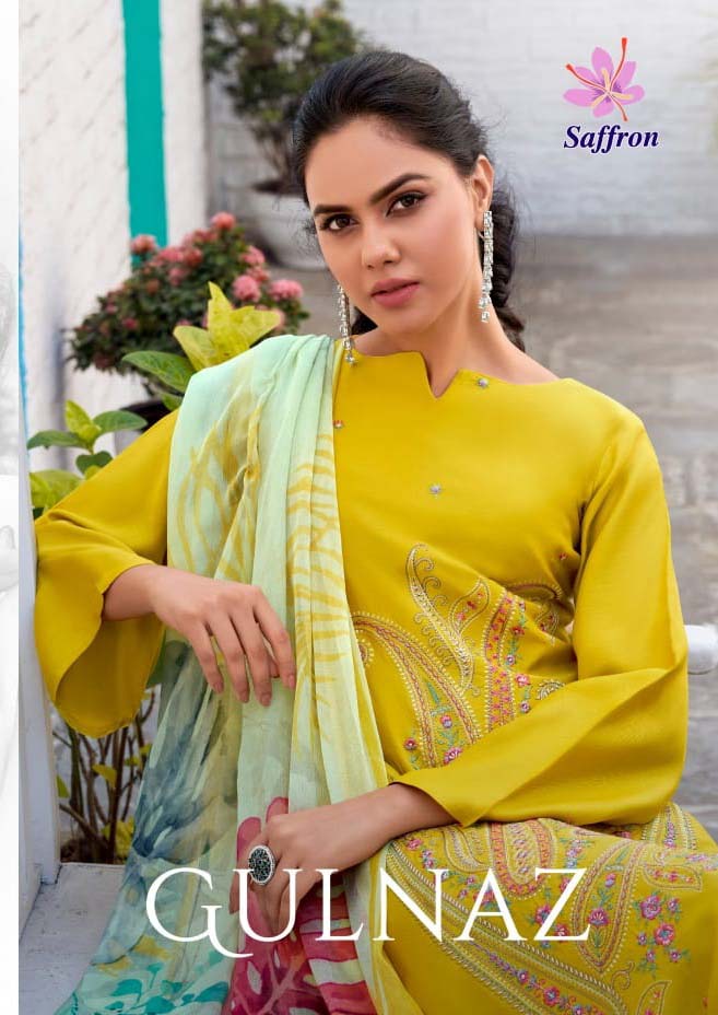 Saffron Gulnaz Viscose Bember Maslin Dyed Wholesale Fancy Salwar Suit Catalog