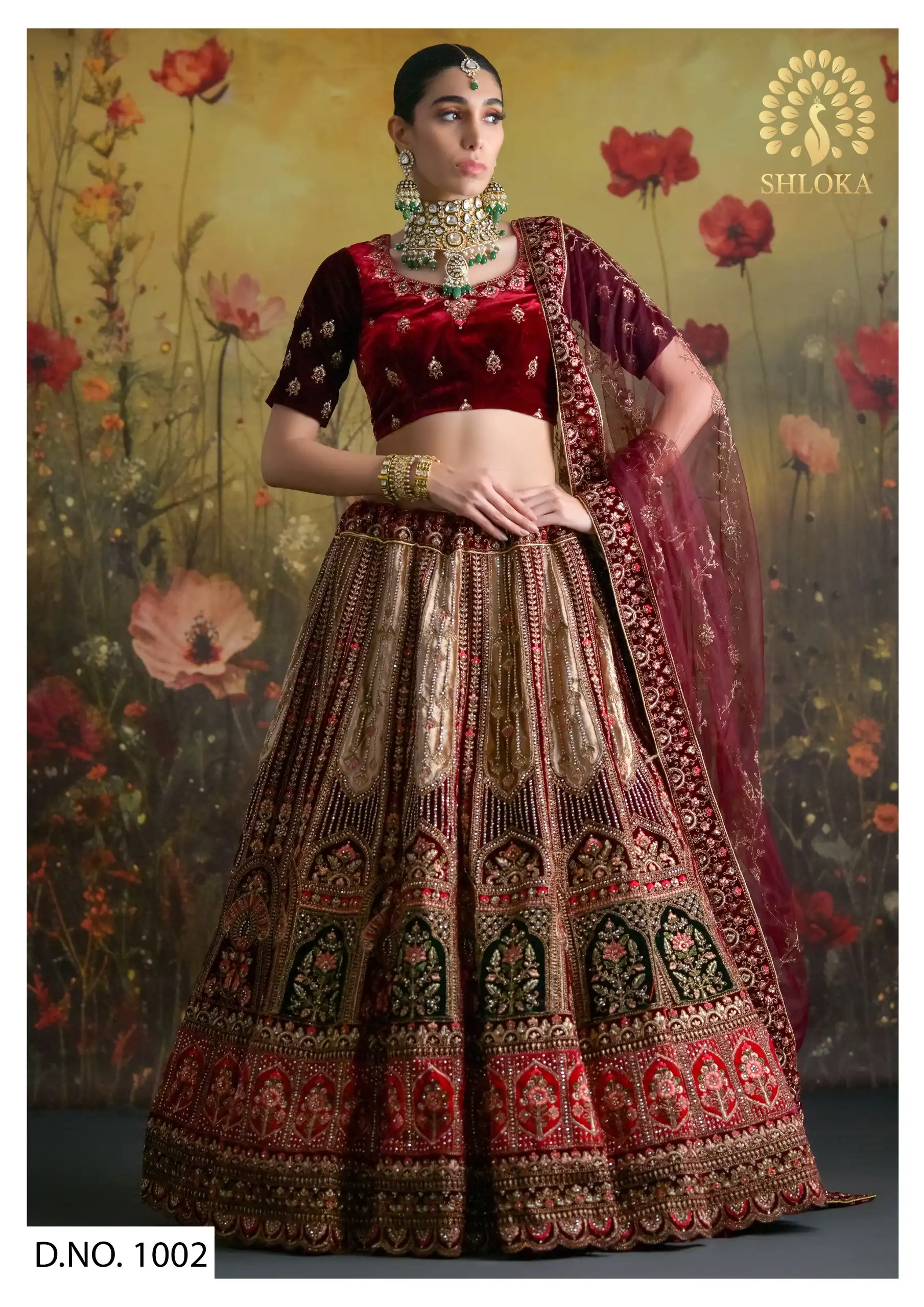 Shloka Designer -1002 Velvet Hand Embroidery Bridal Lehenga.