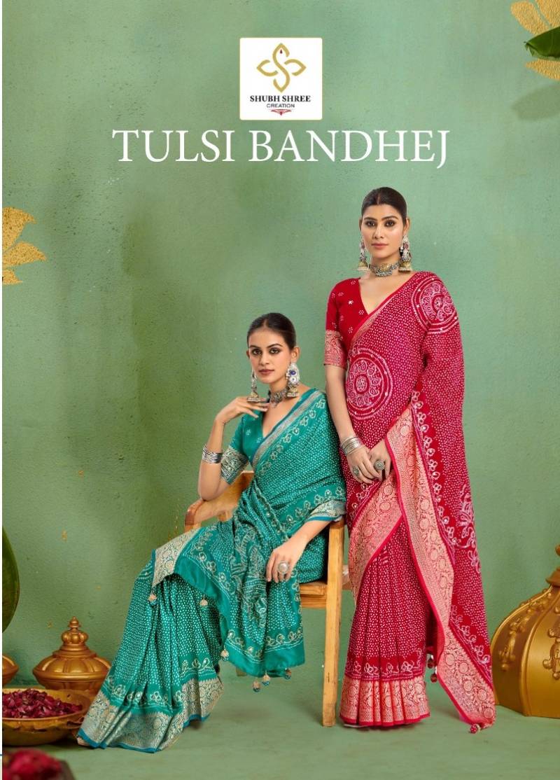 Shubh Shree Tulsi Bandhej Velvet Tusser Silk Wholesale Fancy Saree Collection