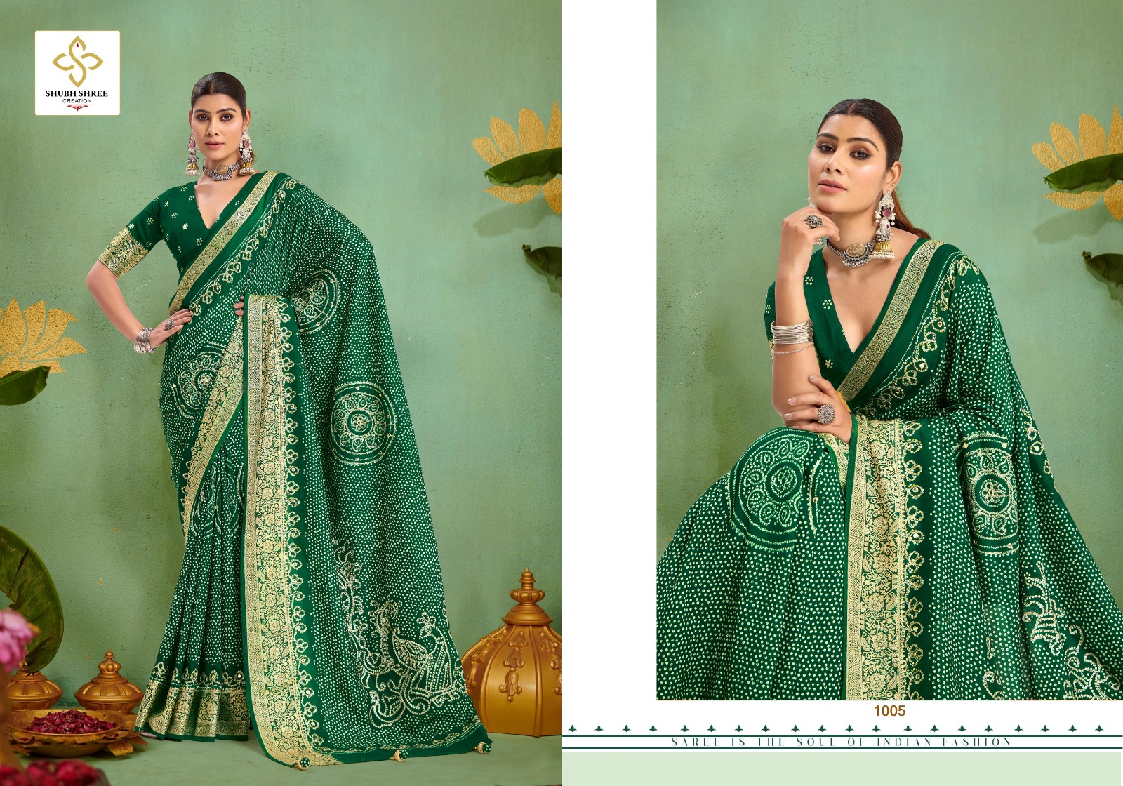 Shubh Shree Tulsi Bandhej Velvet Tusser Silk Wholesale Fancy Saree Collection - Image 3