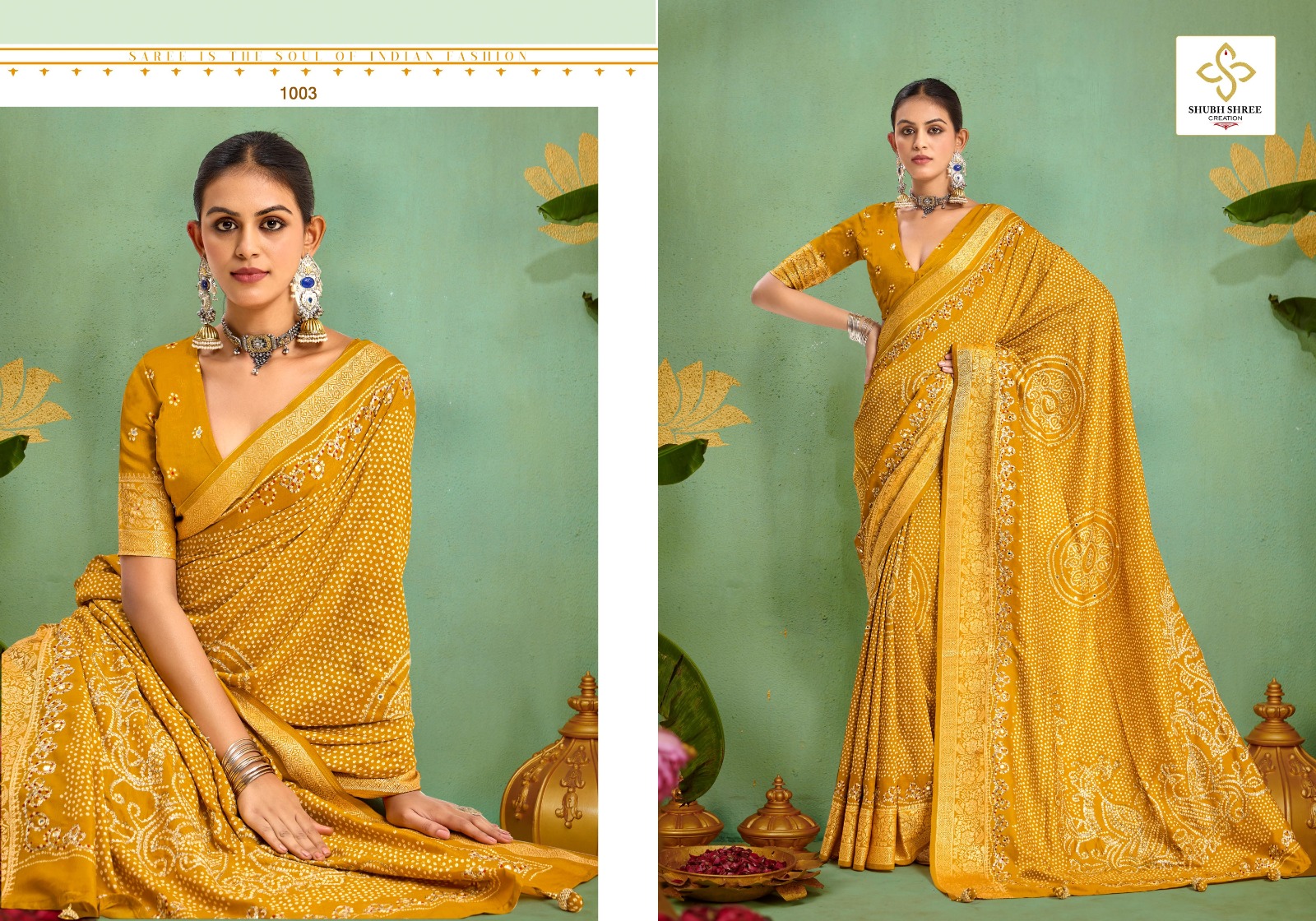 Shubh Shree Tulsi Bandhej Velvet Tusser Silk Wholesale Fancy Saree Collection - Image 6