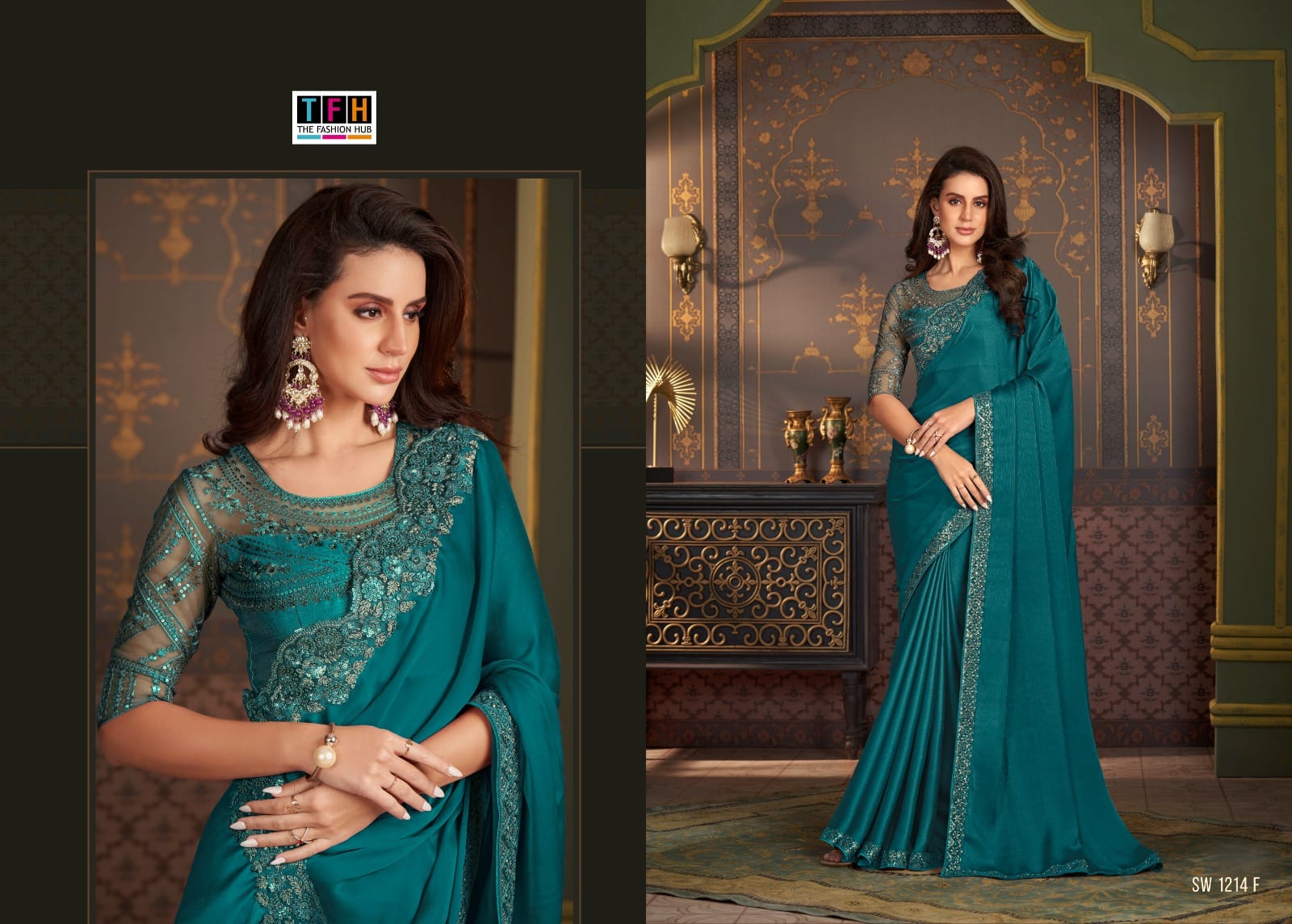 Tfh Sw-1214 Sartin Silk Wholesale Designer Saree Collection - Image 2