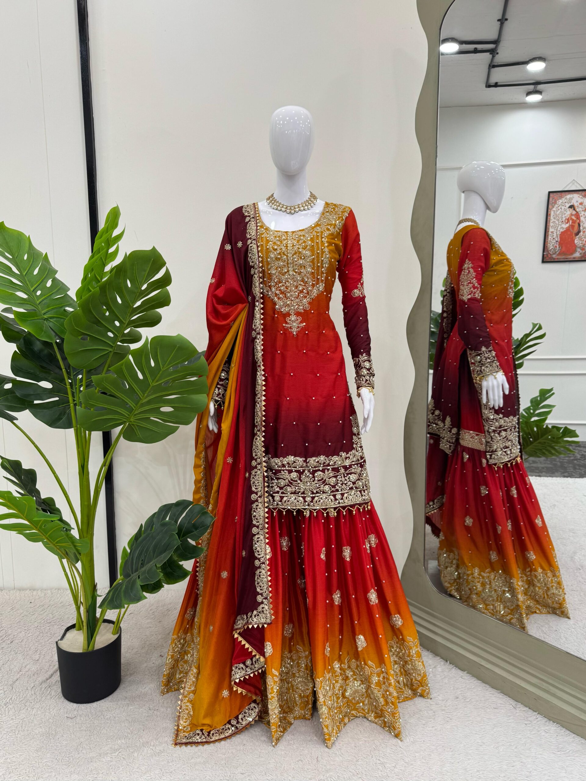 Wine & Gold Heavy Chinon Sharara Suit Collection