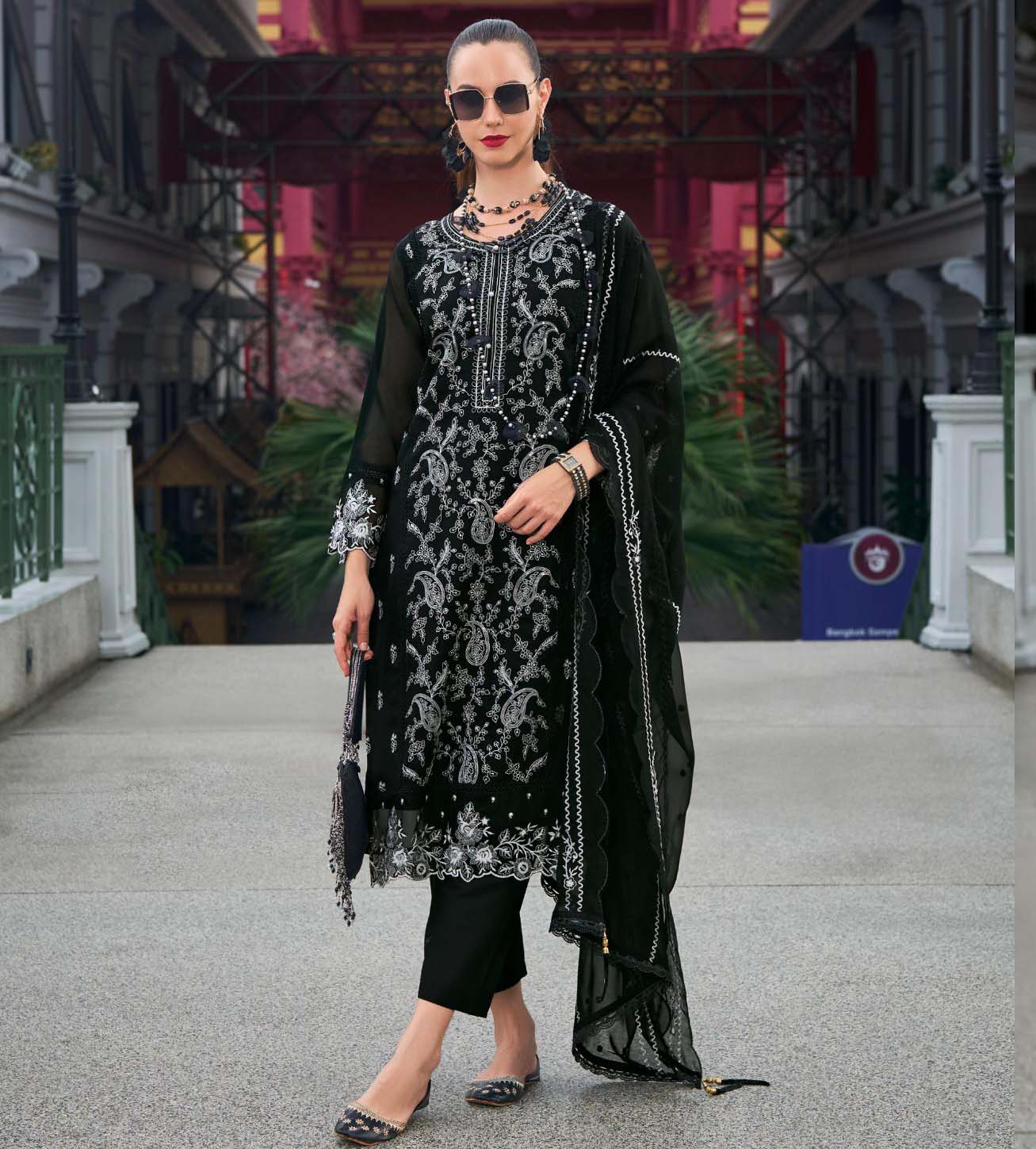 Zaveri Roshina Black And White Soft Organza Wholesale Readymade Salwar Suit Catalog