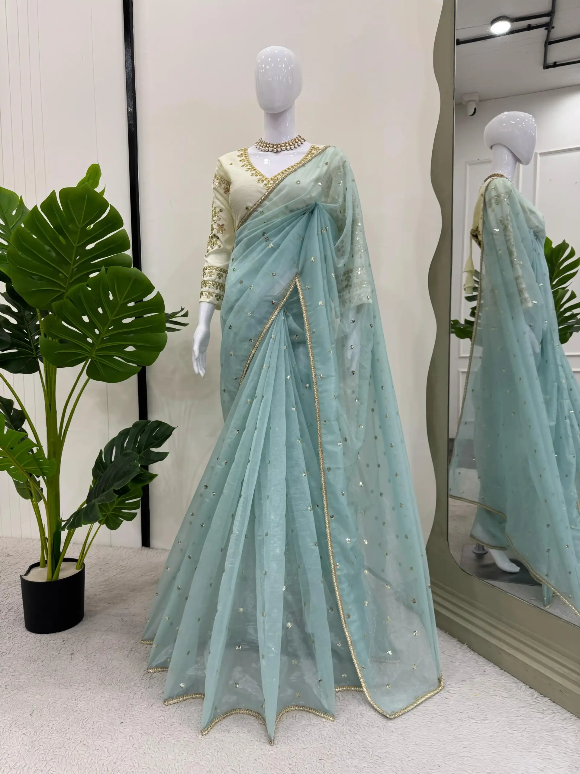 Serene Sky Blue Twill Net Saree with Thread & Sequence Work Saree Collection