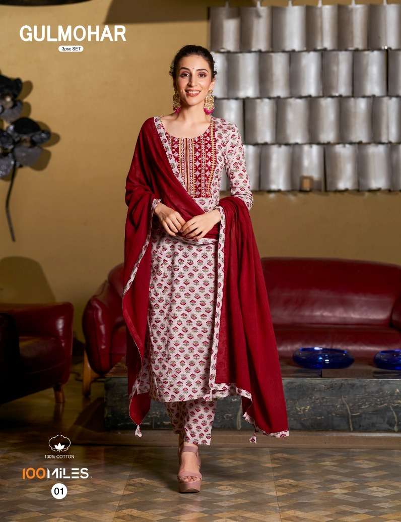 100 Miles Gulmohar Pure Cotton Printed Fancy Kurti Set Collection