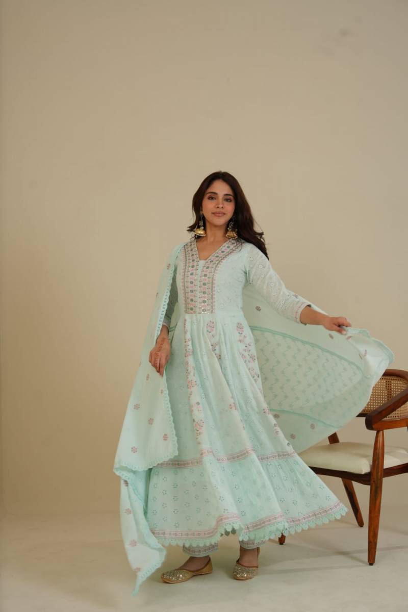 Tanyaa P 126 Cotton With Schiffli Kurti Bottom With Dupatta Size Set