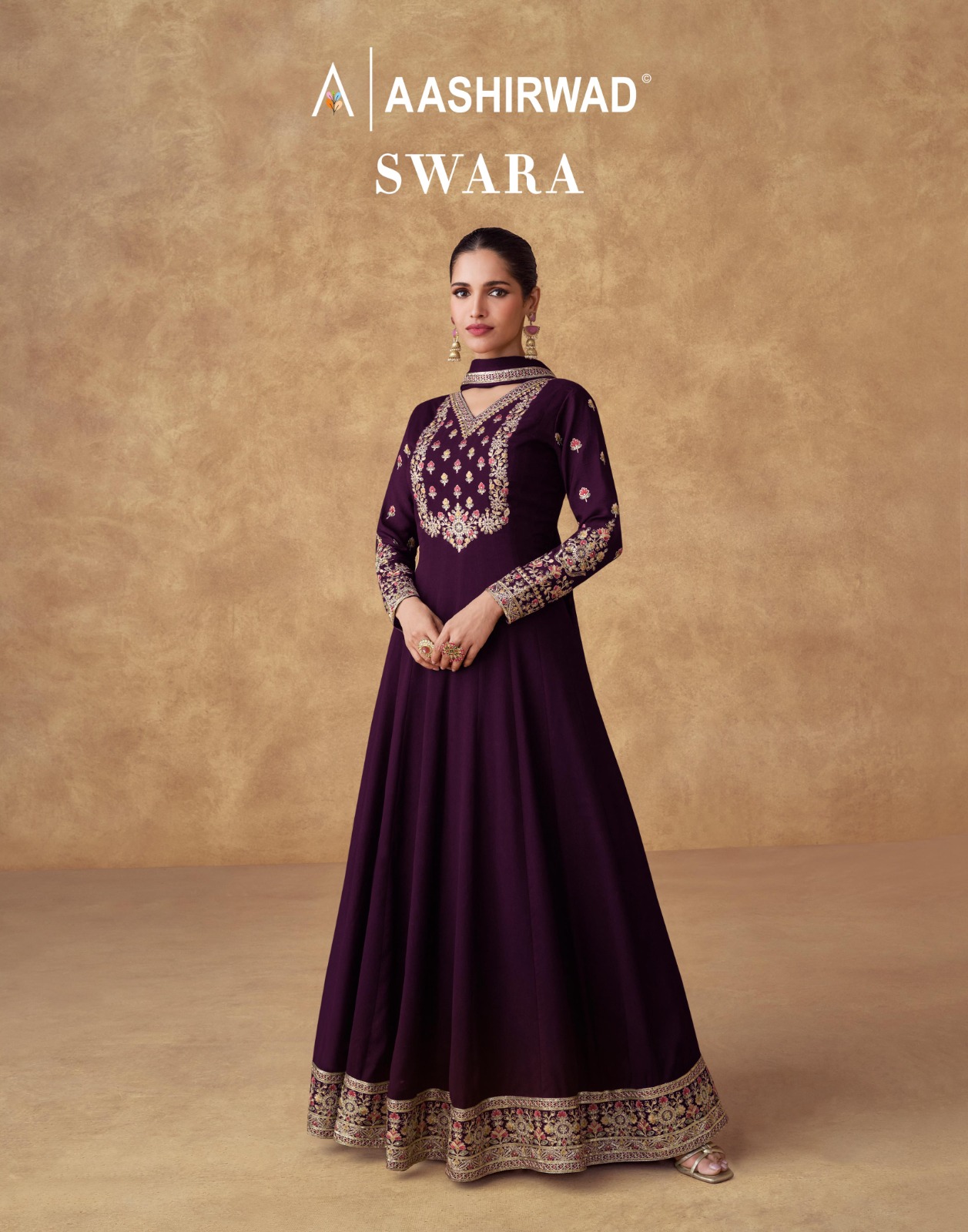 Aashirwad Creation Swara Chinon Silk Gown Wholesale Catalog