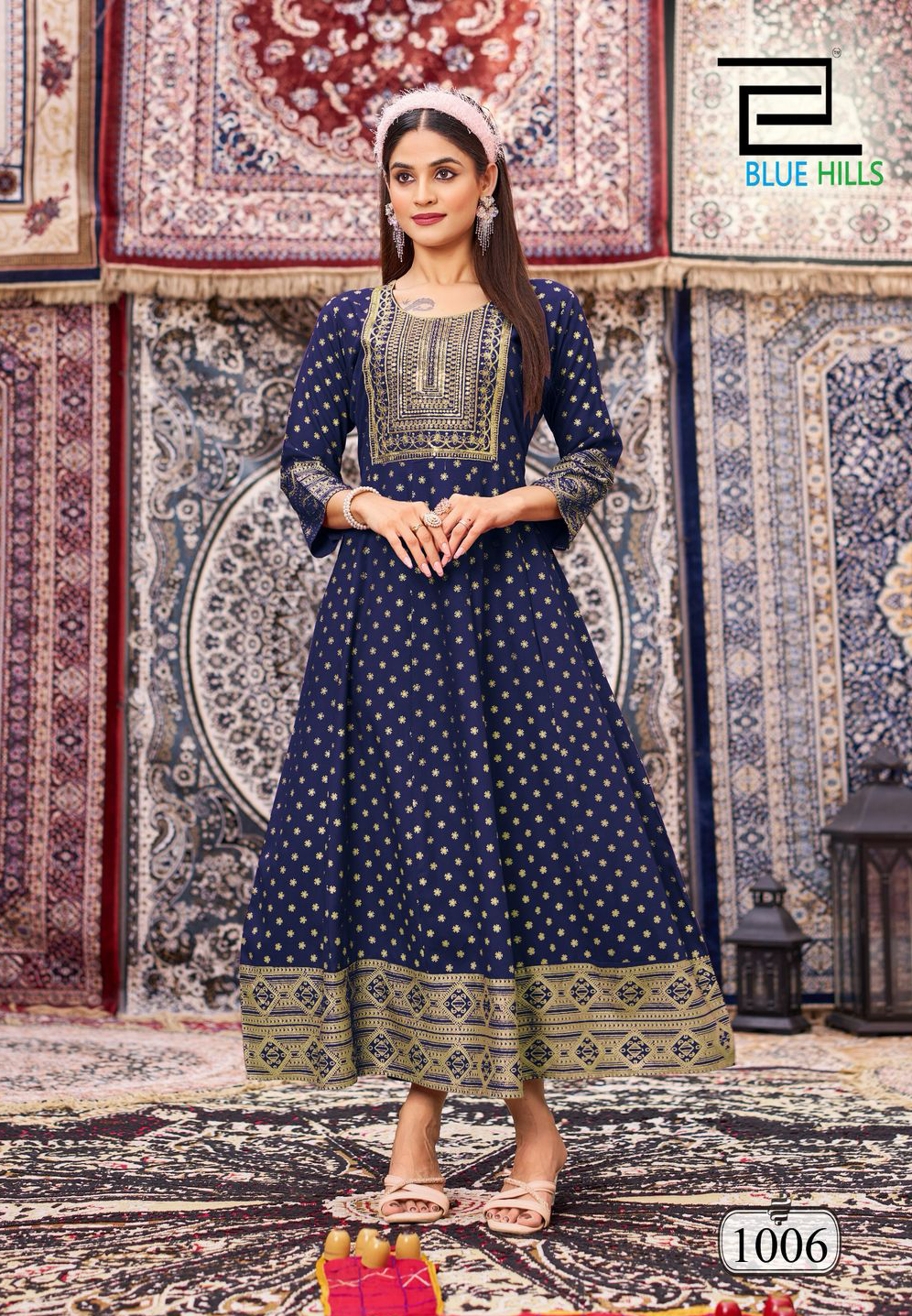 Blue Hills Butterfly 14 KG Rayon Foil Print Anarkali Gown Collection