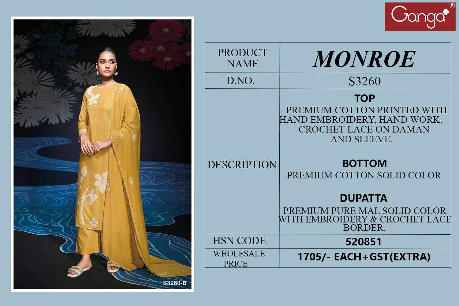 Ganga Monroe Cotton Printed Embroidered Wholesale Salwar Suit Collection - Image 7