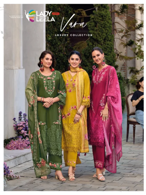 Shop Lady Leela Vara at ₹1445 per piece. Premium viscose designer suits in sizes M-XXXL. Perfect for festive wear. Pre-book now for 10th March 2025 launch!
