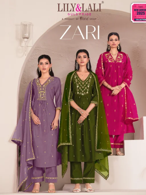 Shop Lily & Lali Zari viscose embroidered suit set with organza dupatta & handwork at wholesale prices. Available in M to 3XL sizes. Order now!