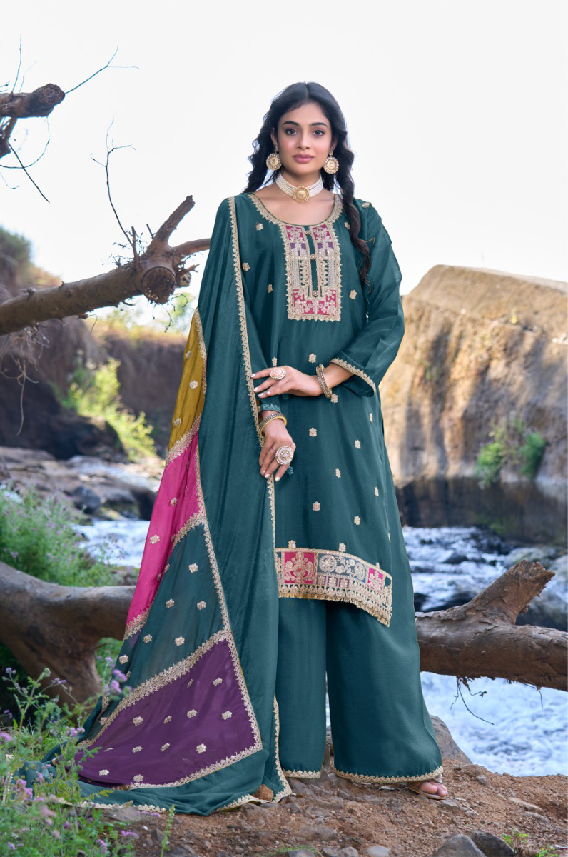 Shraddha Designer MUSHK MR-1034 Pure Chinon Embroidered Palazzo Suit Wholesale - Image 3