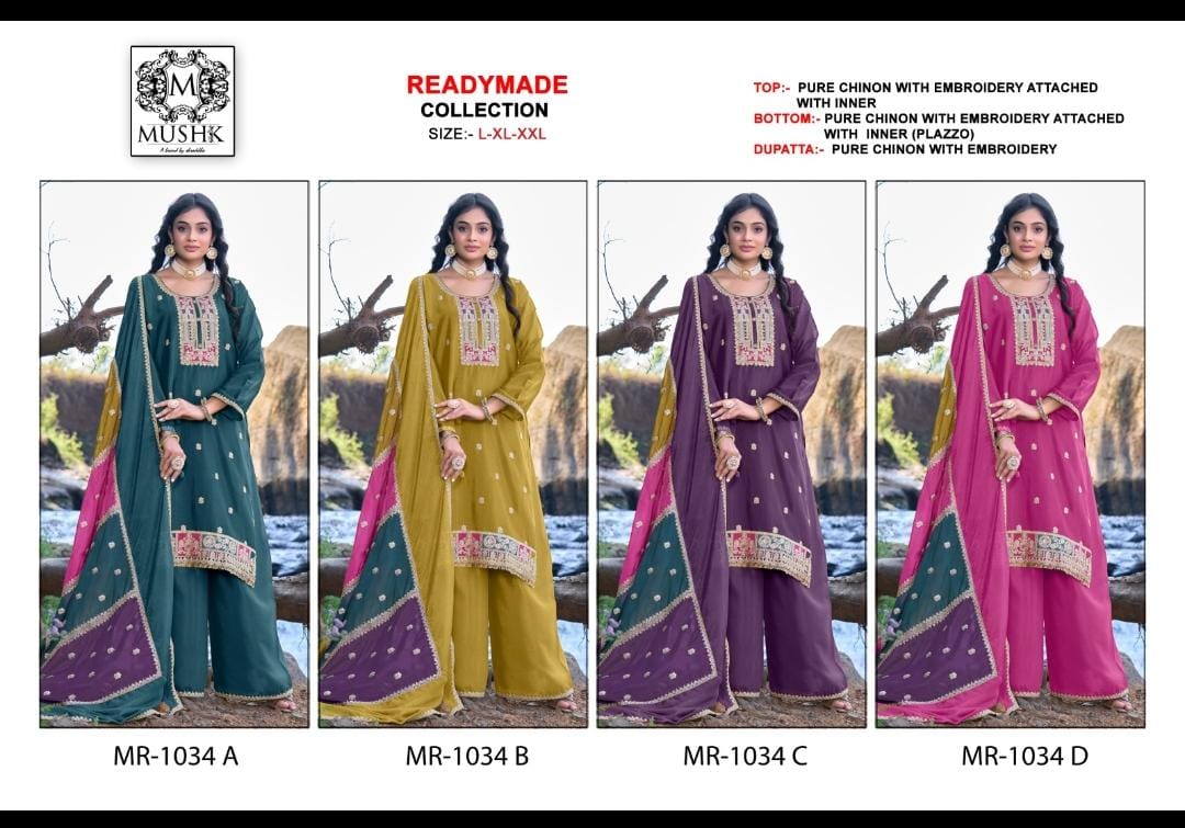 Shraddha Designer MUSHK MR-1034 Pure Chinon Embroidered Palazzo Suit Wholesale - Image 5