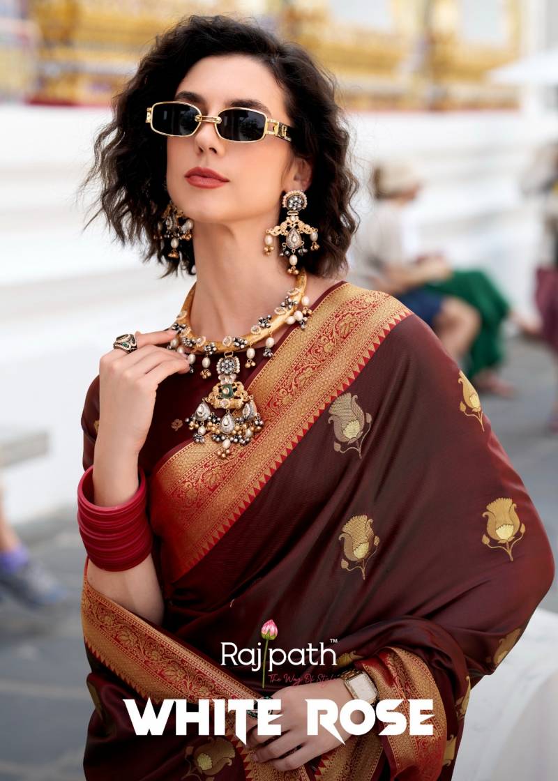 Rajpath White Rose Satin Silk Wholesale Fancy Saree Catalog