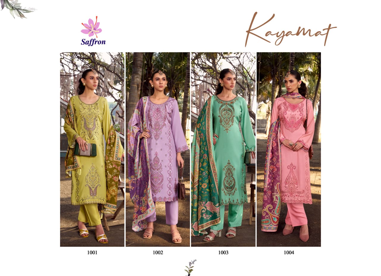 Saffron Kayamat Pure Bember Maslin Wholesale Fancy Salwar Suit Collection - Image 7