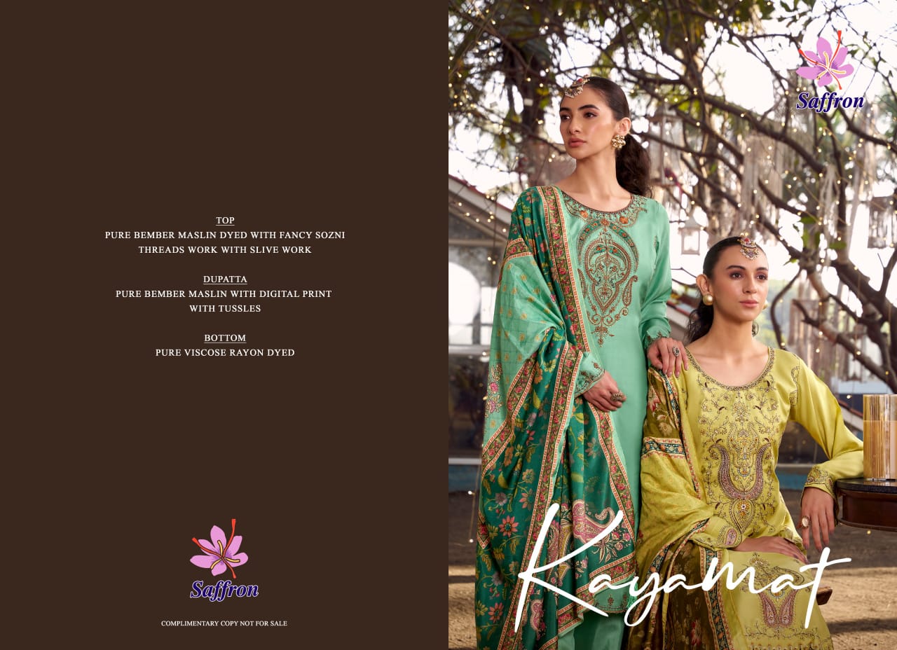 Saffron Kayamat Pure Bember Maslin Wholesale Fancy Salwar Suit Collection - Image 6