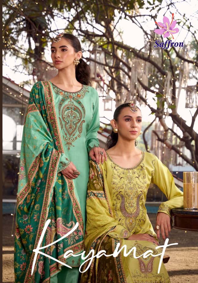 Saffron Kayamat Pure Bember Maslin Wholesale Fancy Salwar Suit Collection