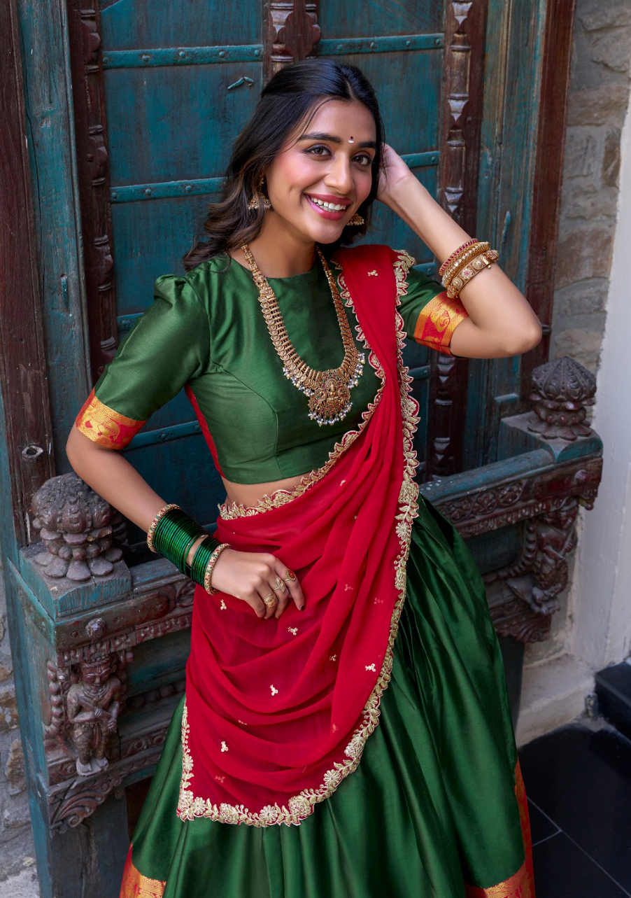 South Indian Half Saree Green Pattu Lehenga Collection