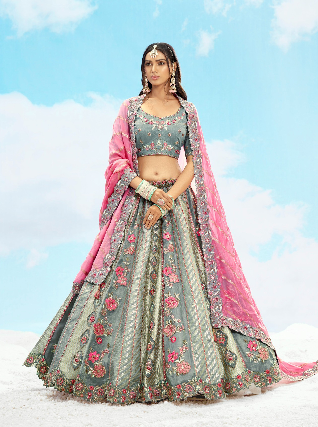 Tathastu Anaara 7610 Sage Green & Pink Embroidered Silk Designer Lehenga