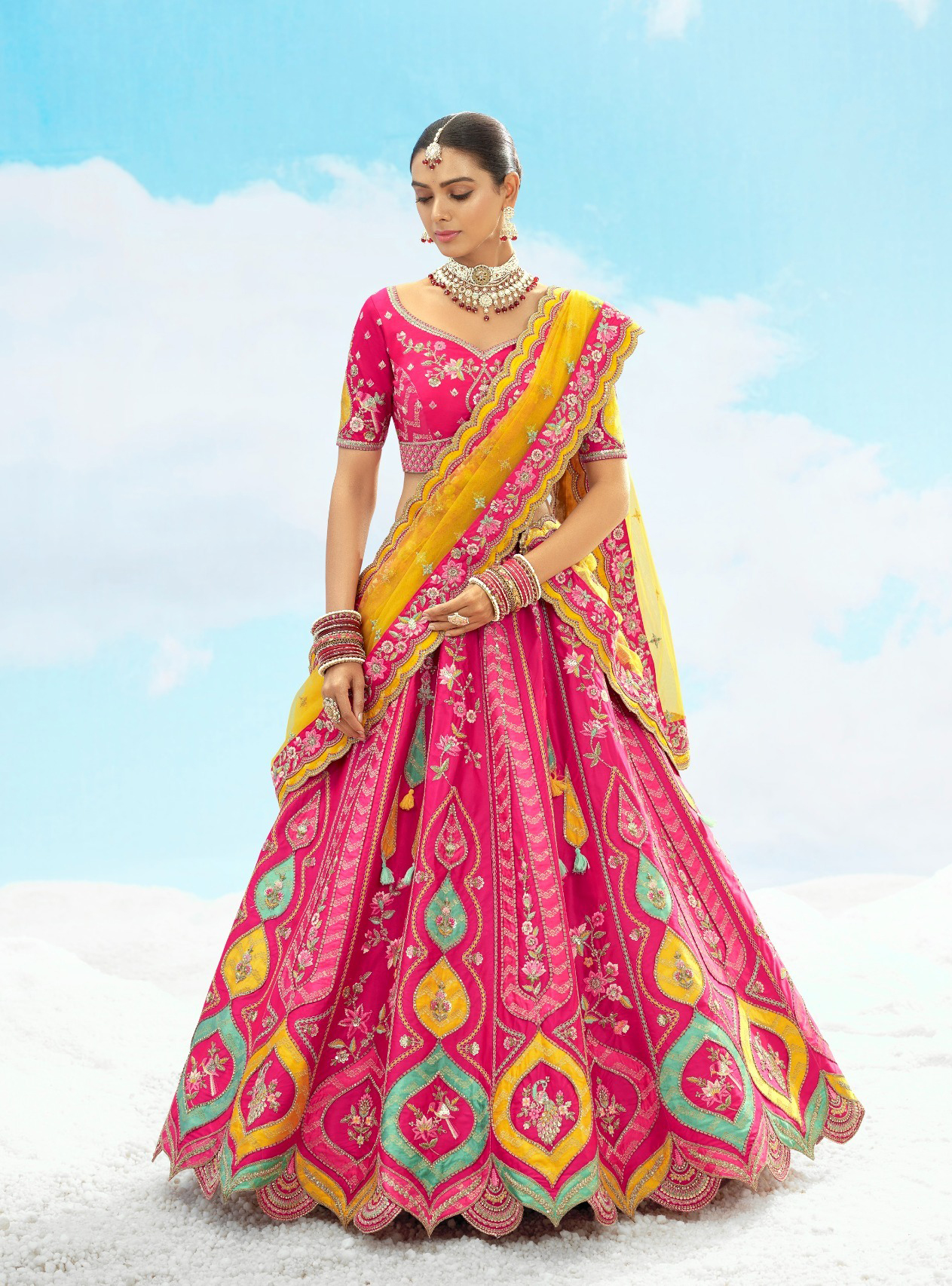Tathastu Anaara 7611 Hot Pink & Mustard Yellow Embroidered Silk Lehenga