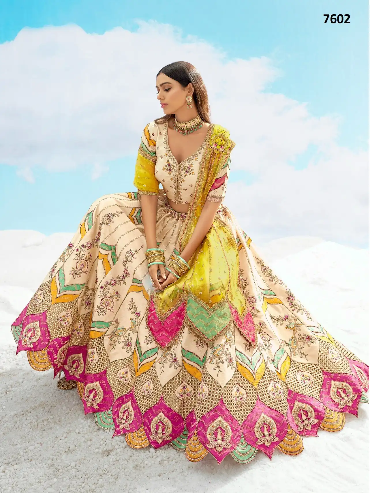 Tathastu Anaara Cream & Pink Fancy Silk Embroidered Designer Lehenga Set