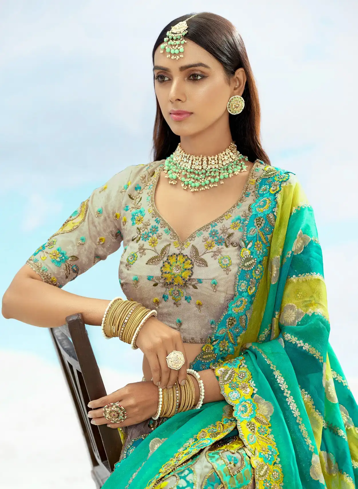 Tathastu Anaara Grey & Green Fancy Embrodered Designer Silk Lehenga Choli