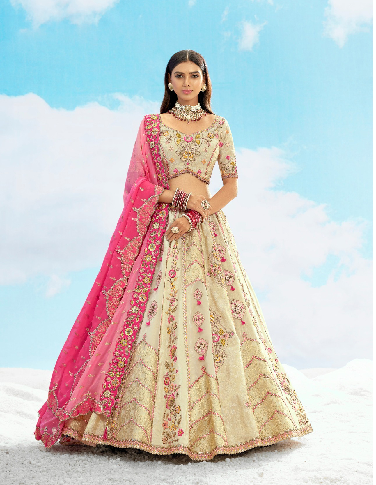 Tathastu Anaara Ivory & Pink Embroidered Designer Silk Lehenga Choli