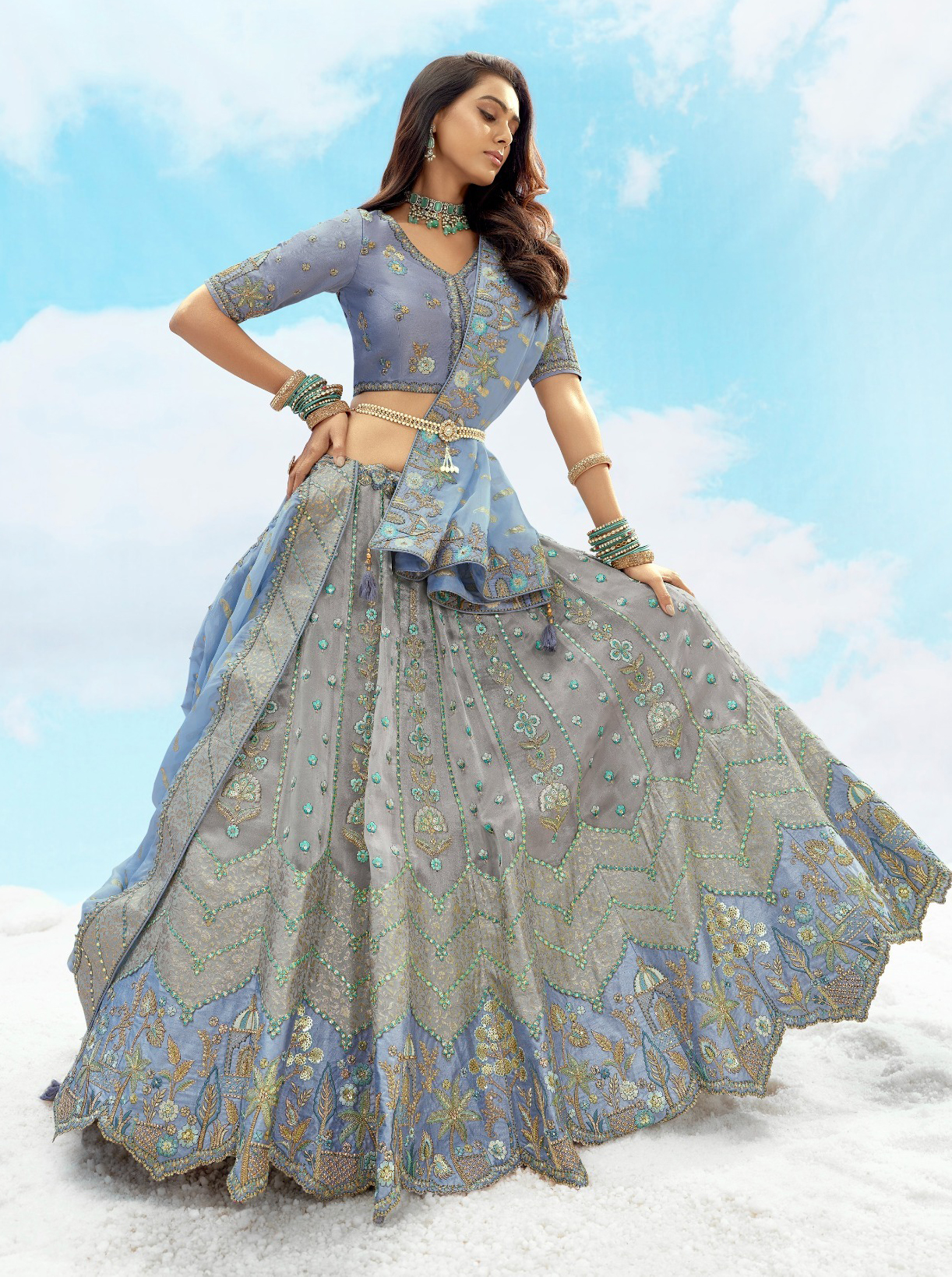 Tathastu Anaara Powder Blue & Silver Embroidered Designer Silk Lehenga Choli