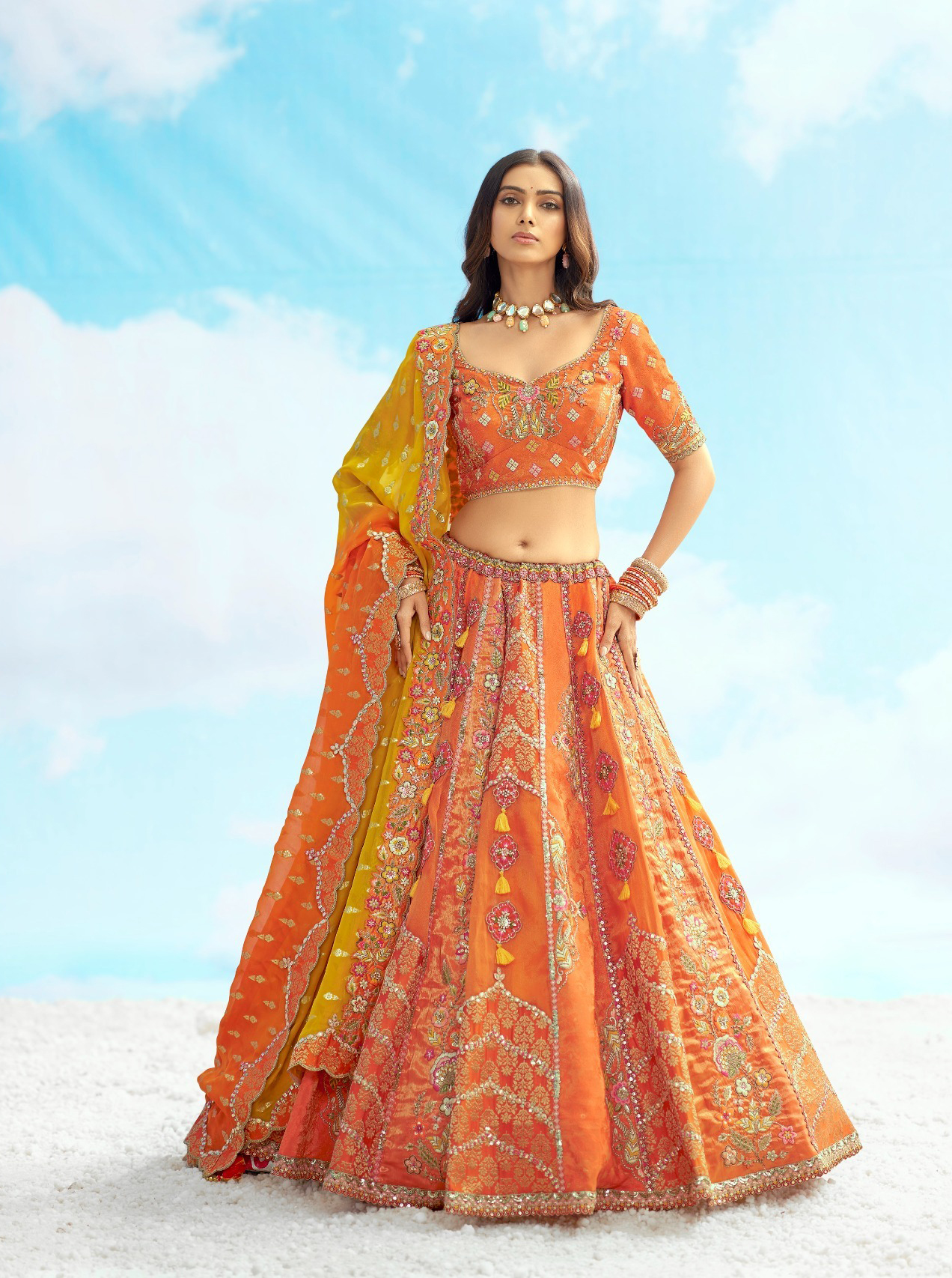 Tathastu Anaara Sunset Orange & Yellow Embroidered Designer Silk Lehenga