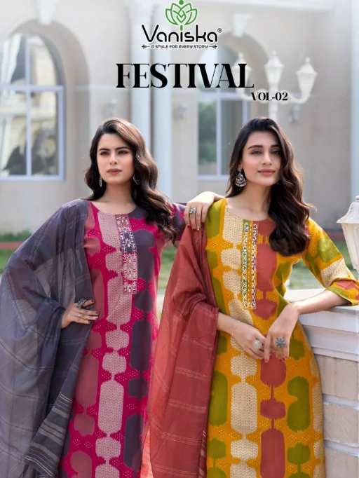 Vaniska Festival Vol 2 features stunning Modal Chanderi print suits with Mal cotton inner, sequin work, and Jacquard dupattas. Shop now at Vardan Ethnic!