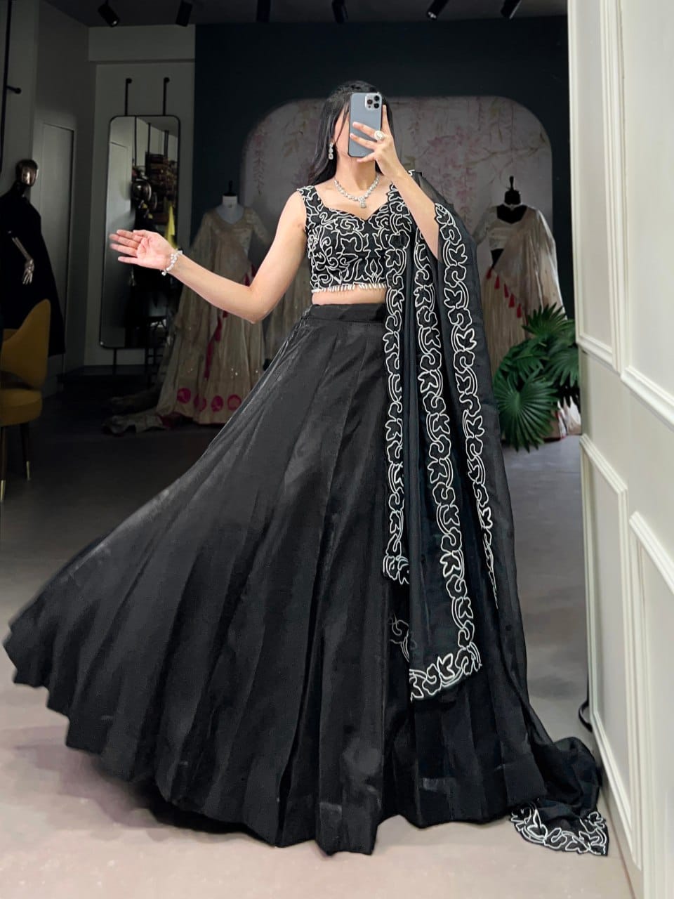 Vardan Ethnic Black Star Satin Lehenga Set Collection.