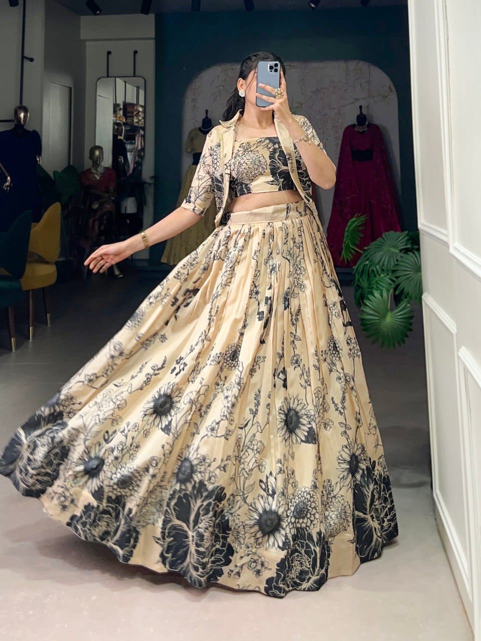 Vardan Ethnic Floral Print Tussar Silk with Koti Stitched with Tassels Lehenga Collection (6)