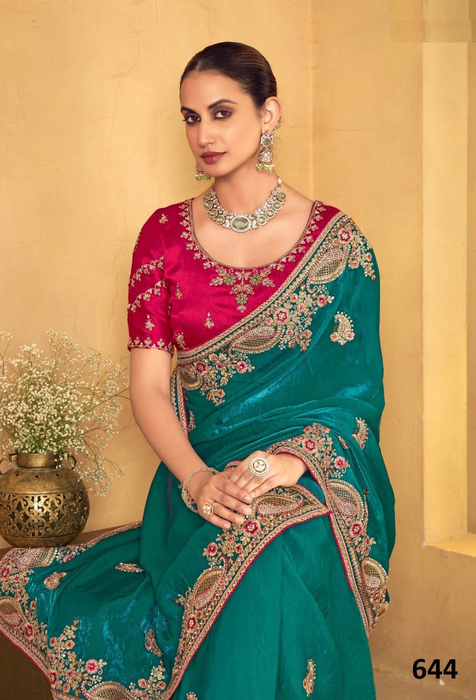 Vardan Fendi Emerald Green Heavy Embroidered Bridal Saree Collection